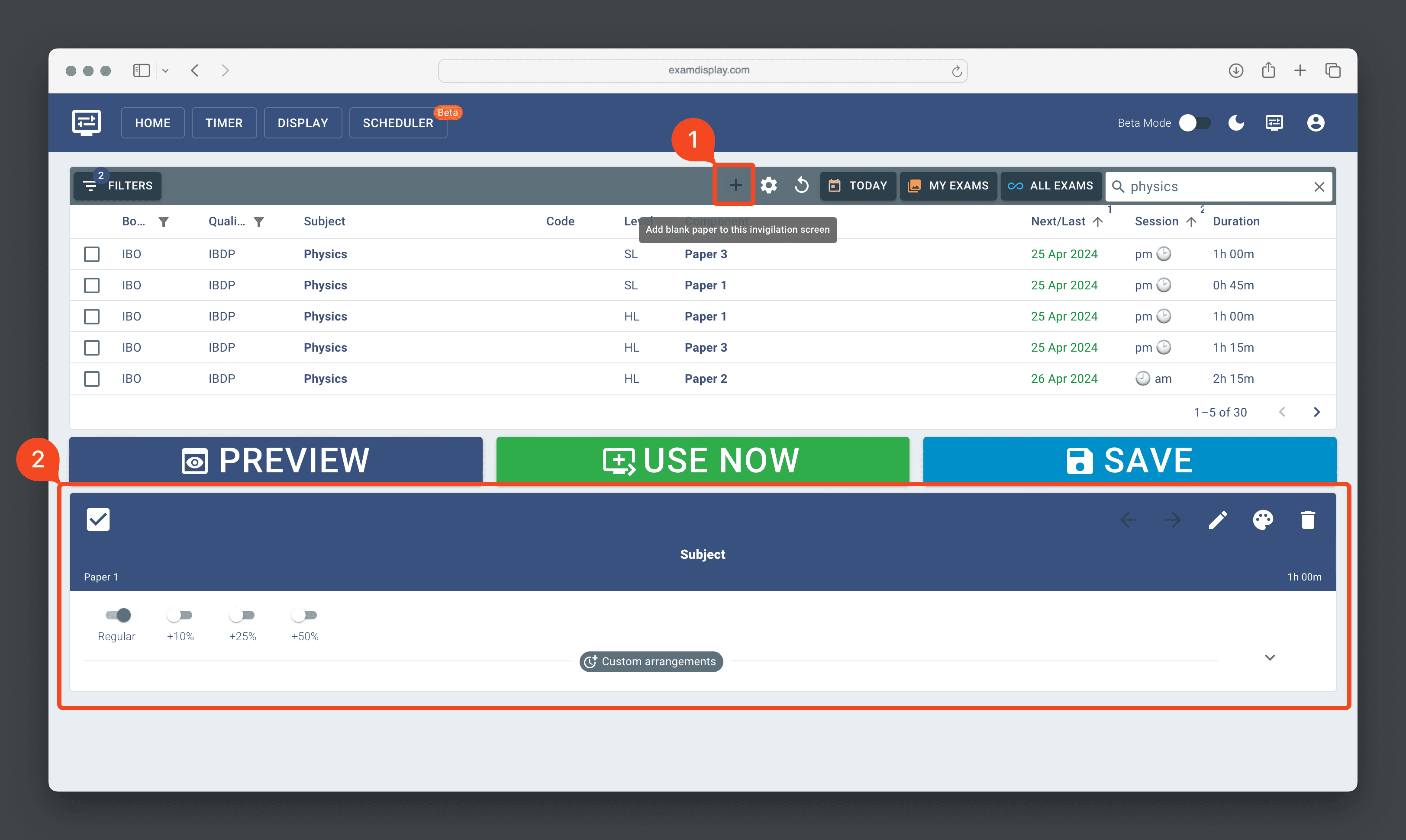 Adding a blank paper on Exam Display is very simple