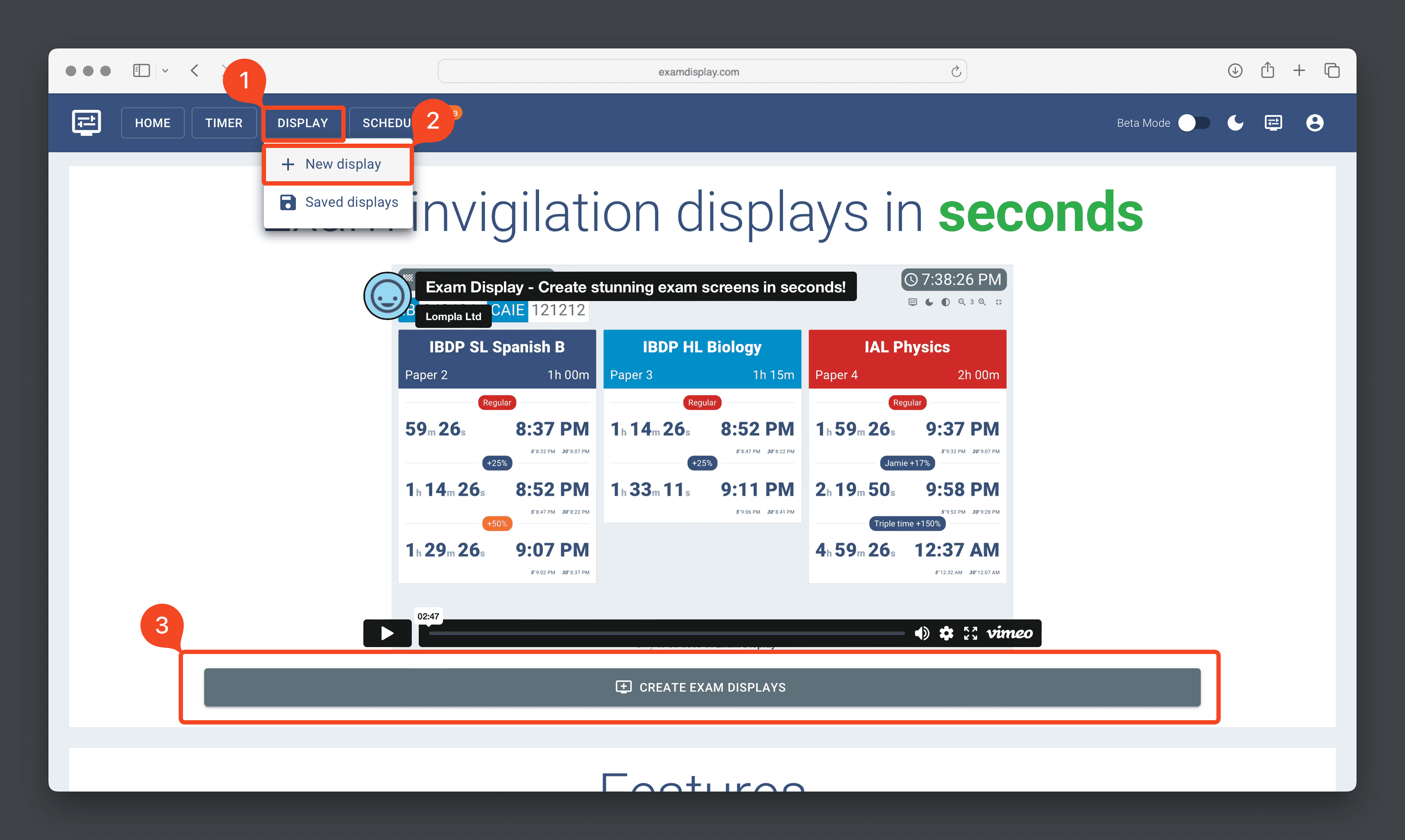 Create a new display from the Exam Display homepage