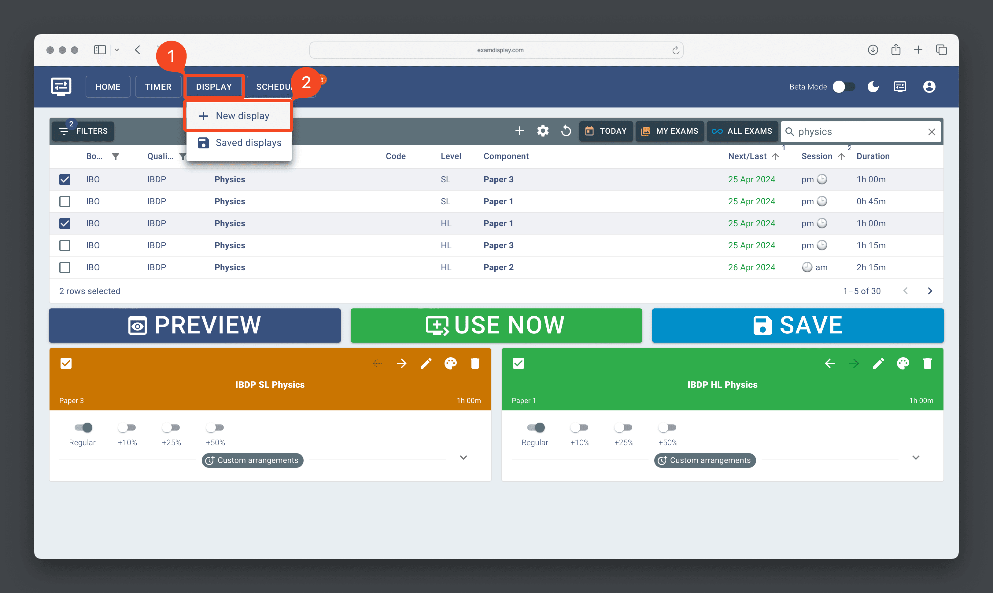 Create a new display from the Exam Display 'Display' page