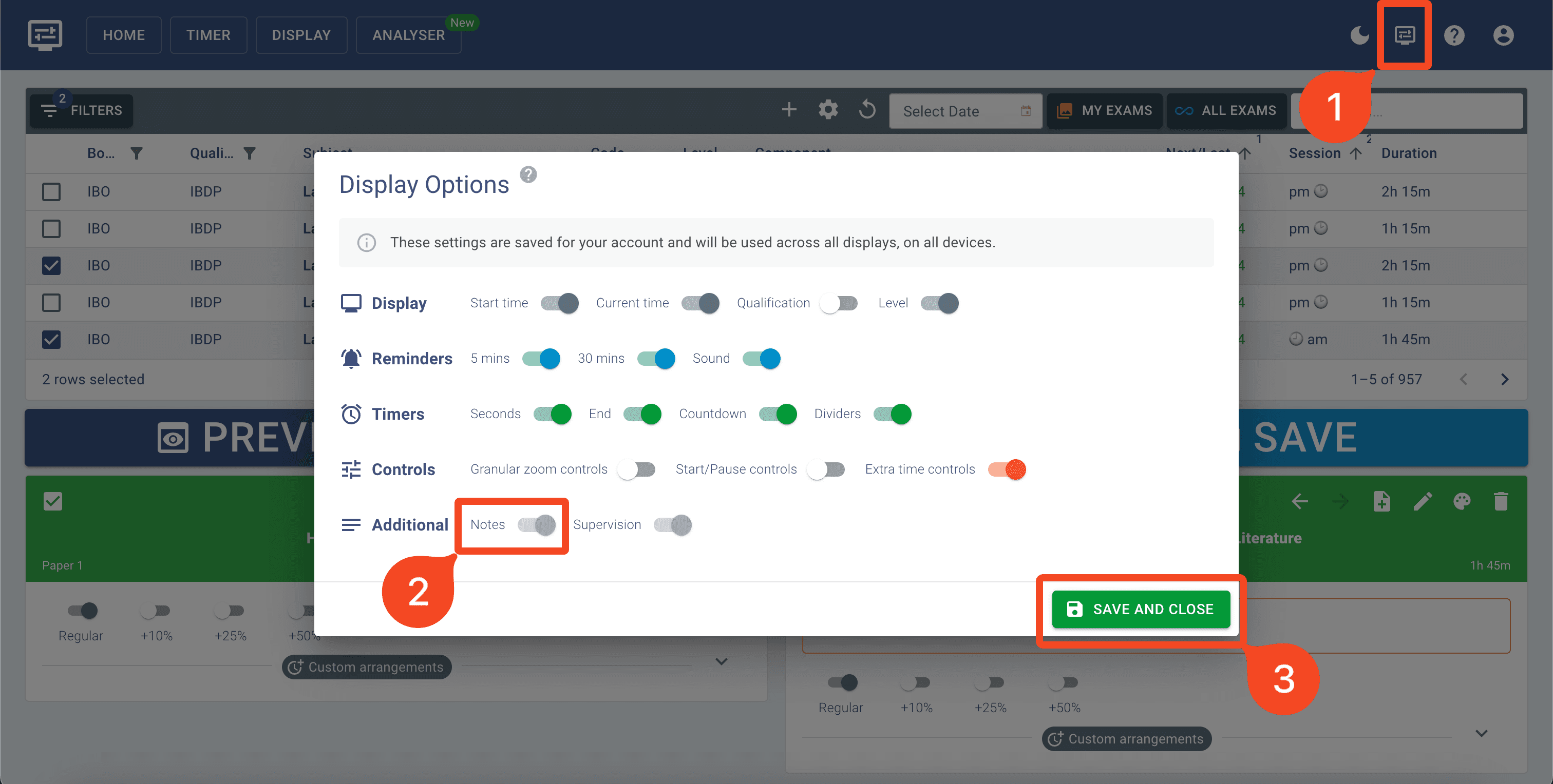 Exam Notes options