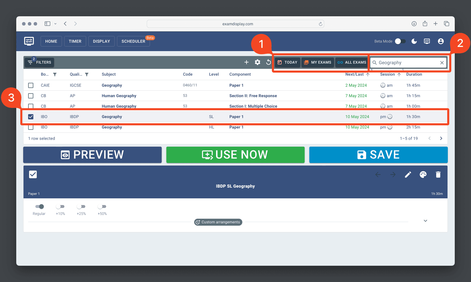 User selecting an exam paper in the Exam Display database