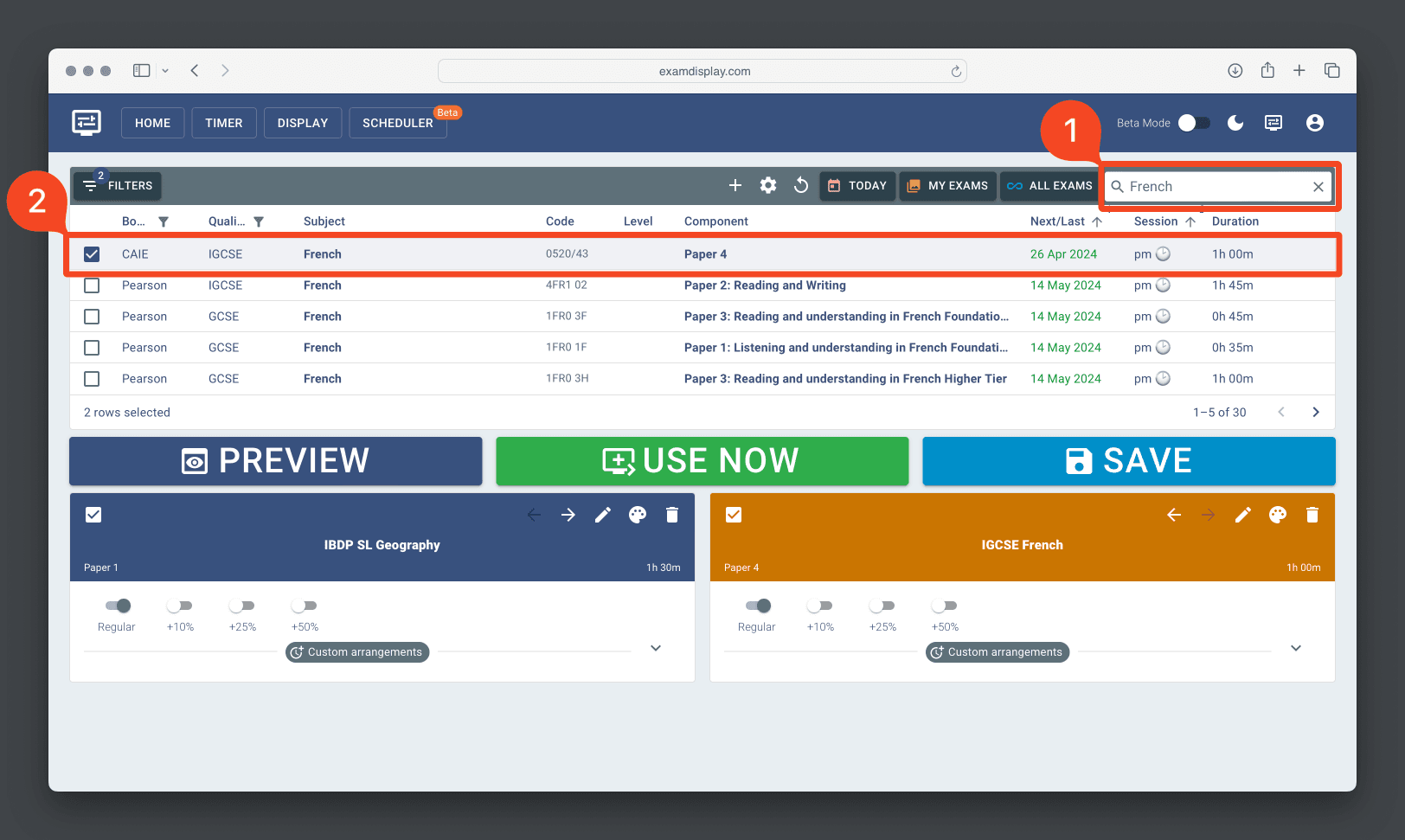 User selecting another exam paper in the Exam Display database