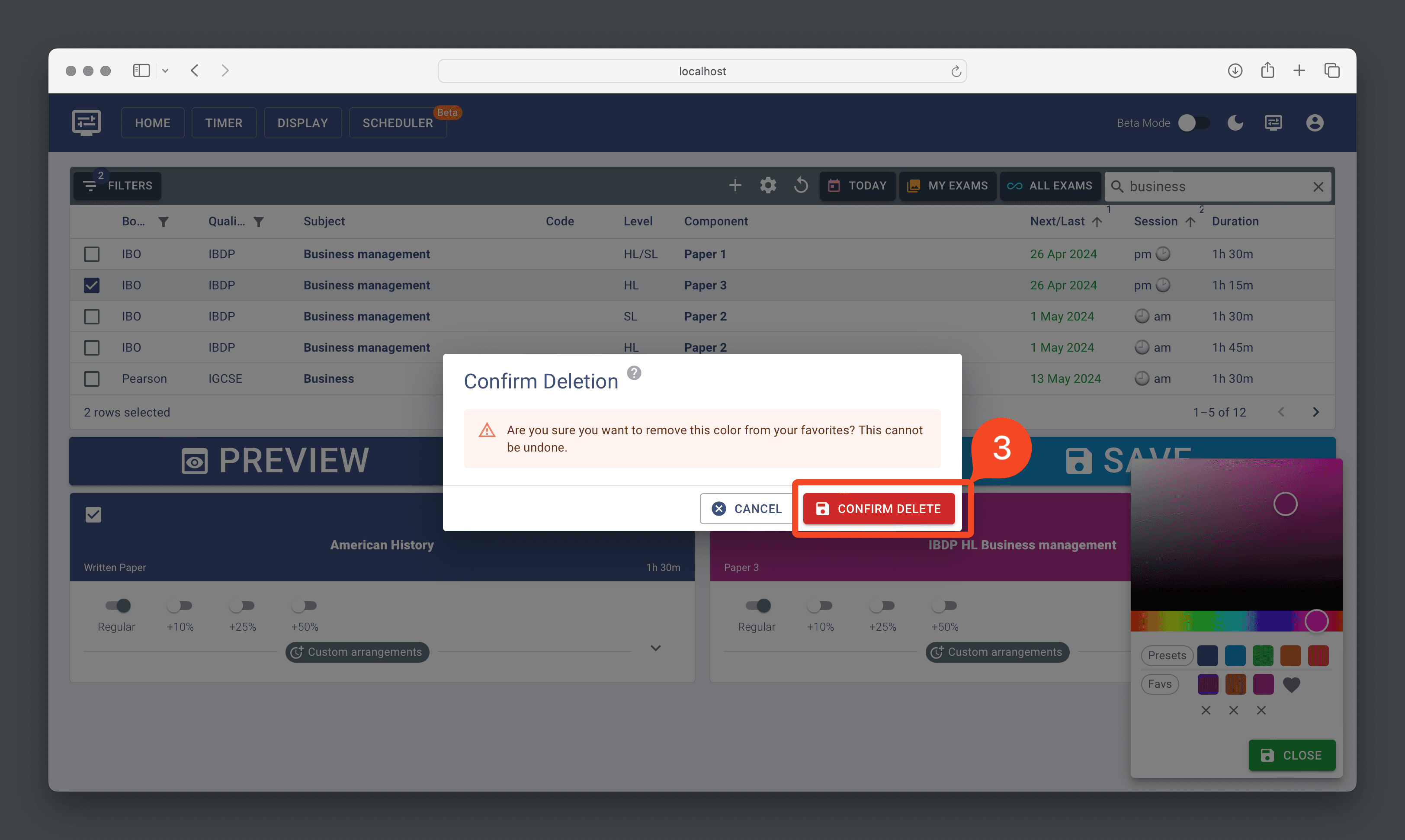 Confirm deletion of a colour from favourites on Exam Display