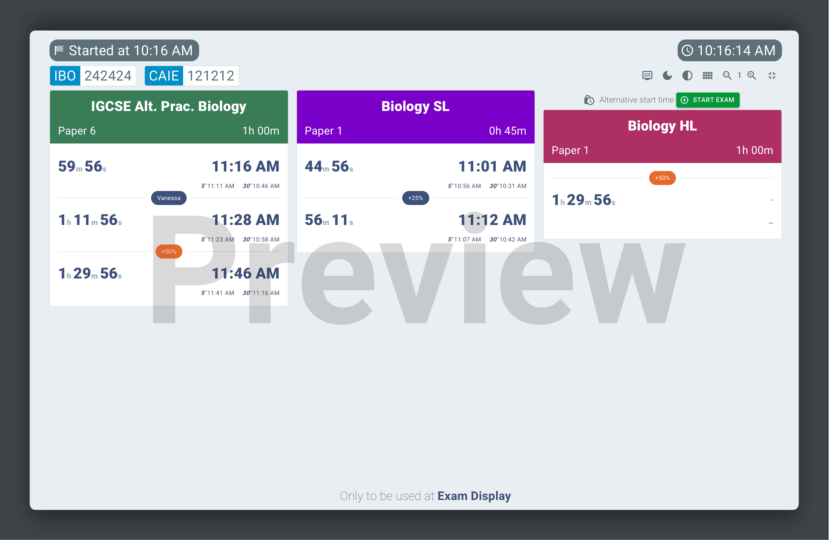 Preview Exam Display