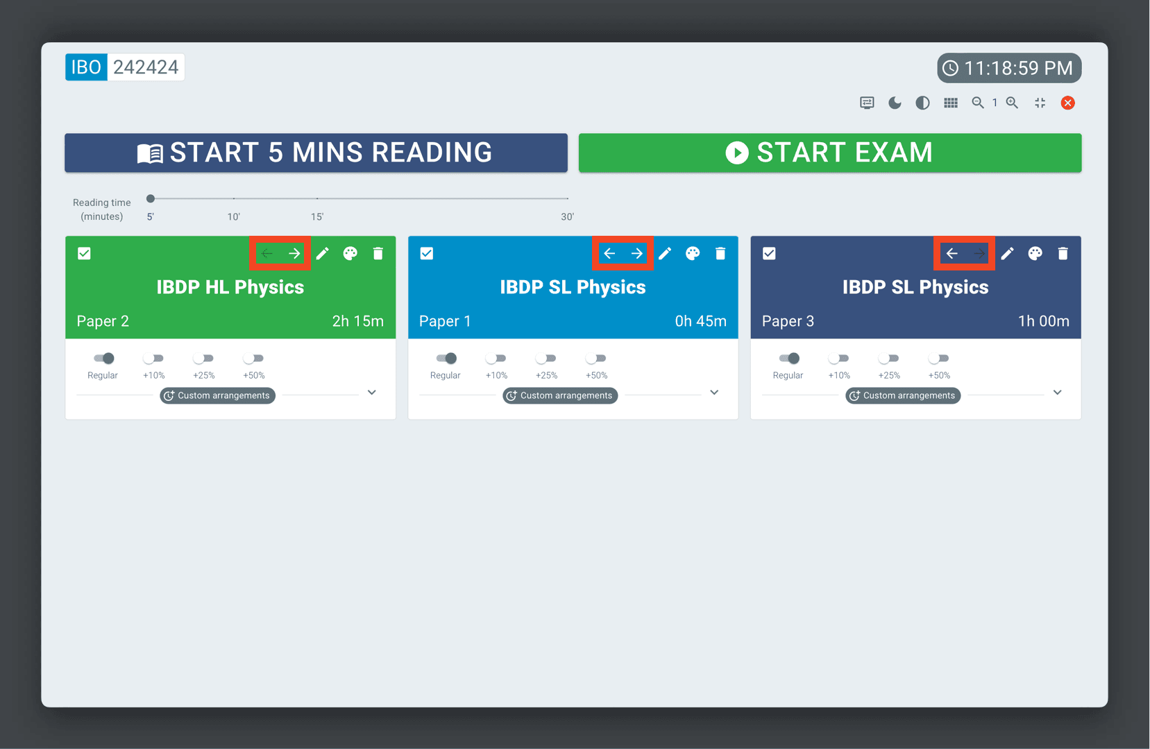 Re-ordering papers in the reading screen on Exam Display