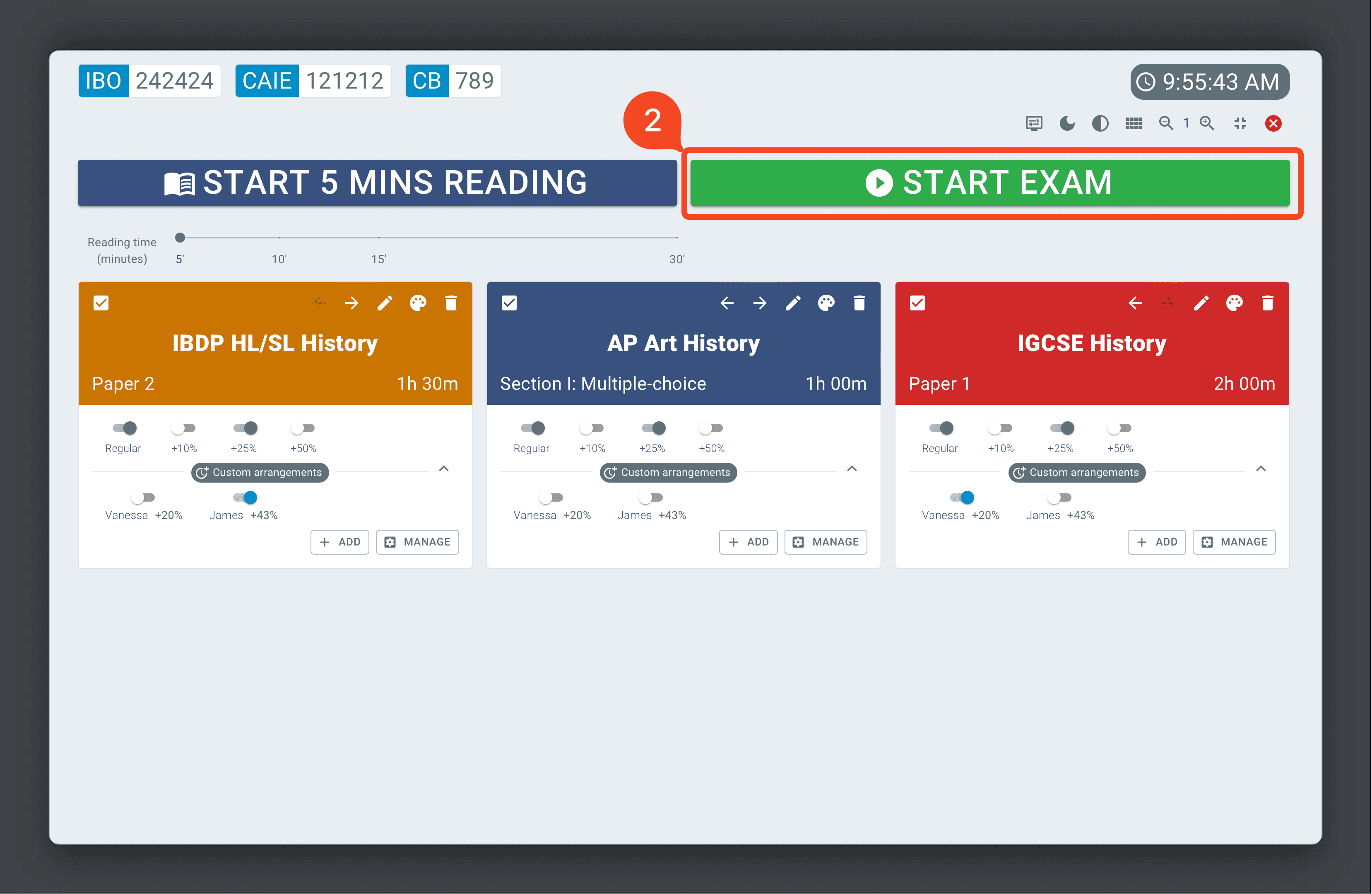 Start Exam Display