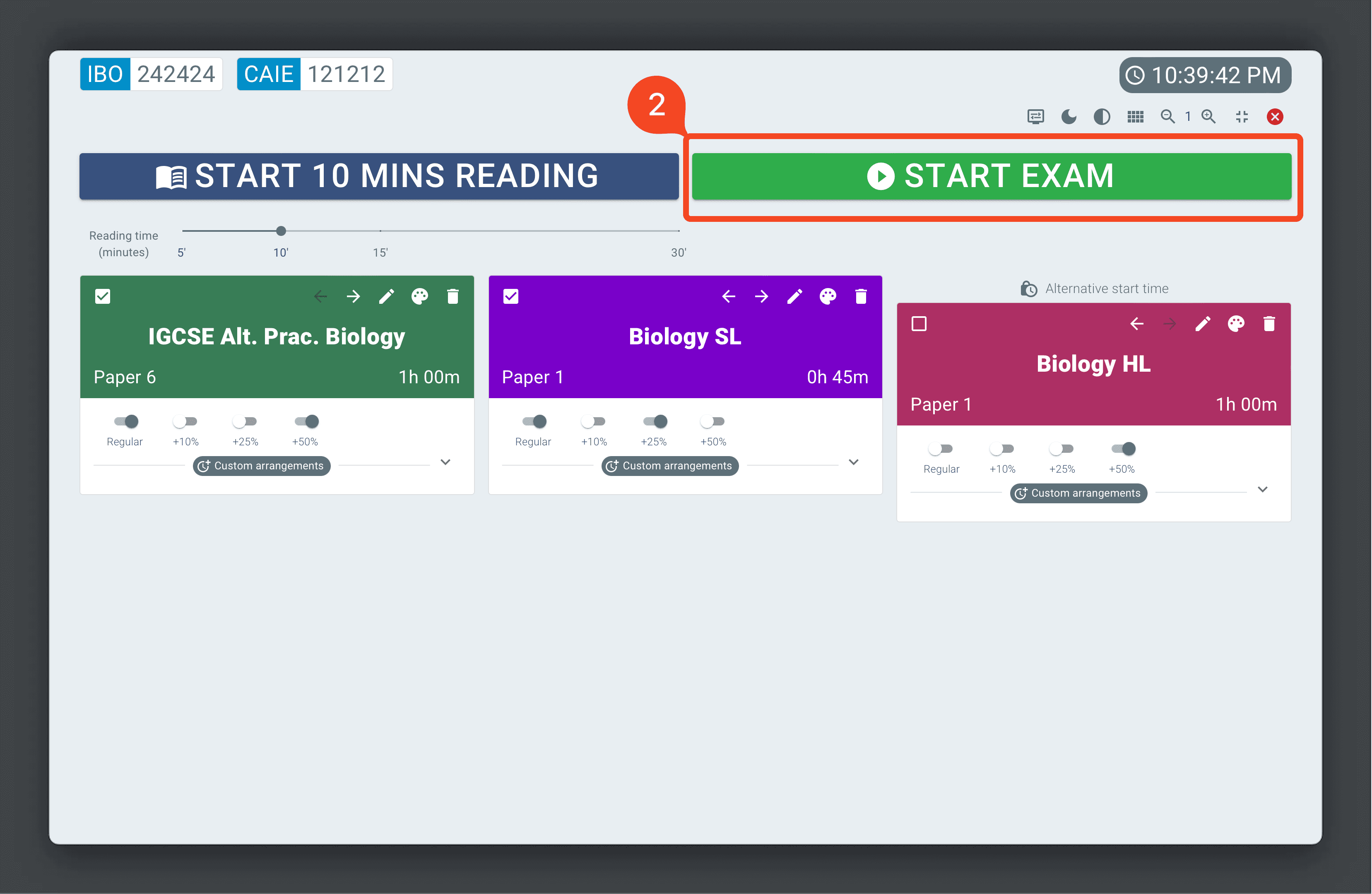 Start Exam Display