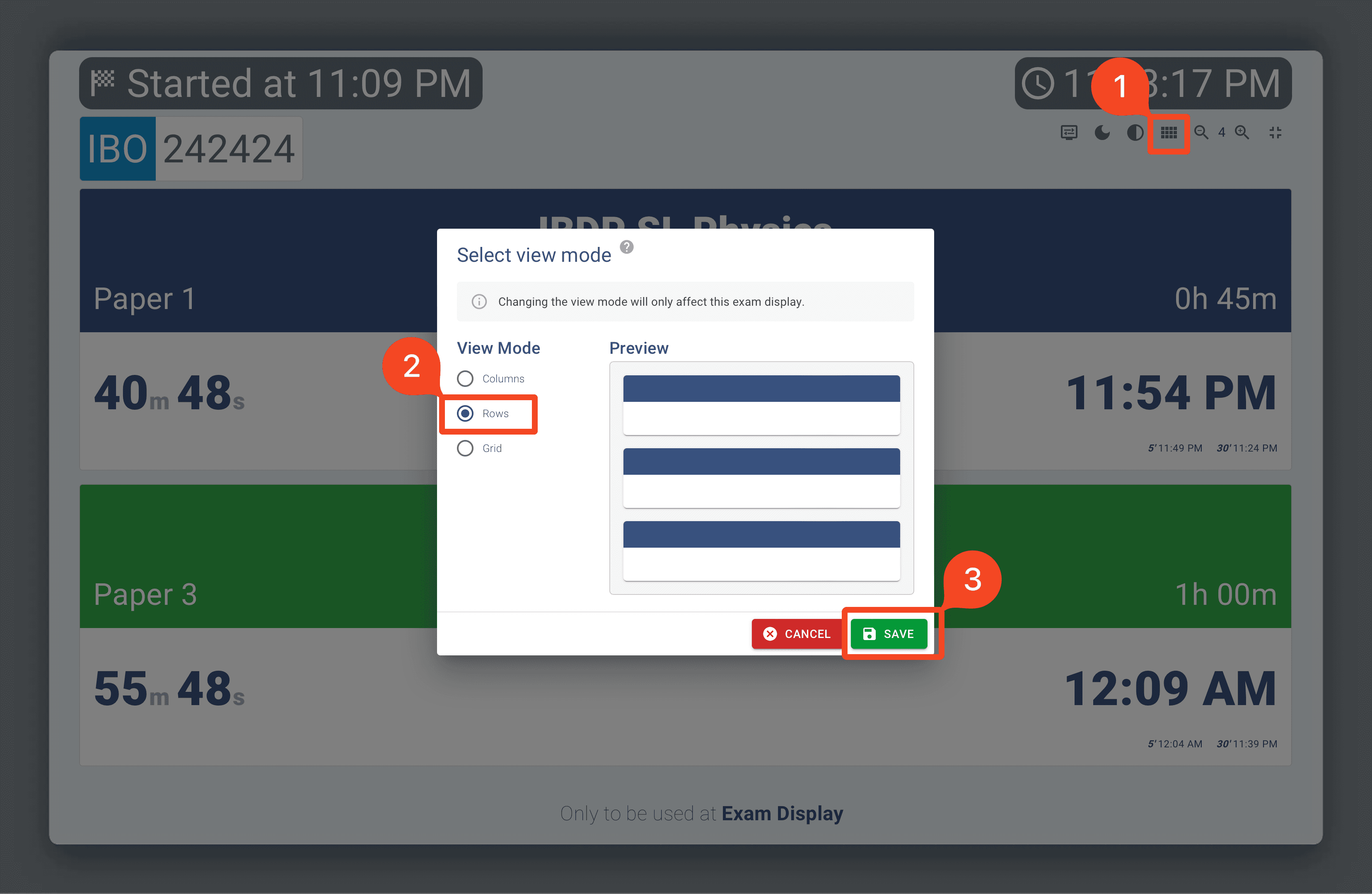 Row view on Exam Display