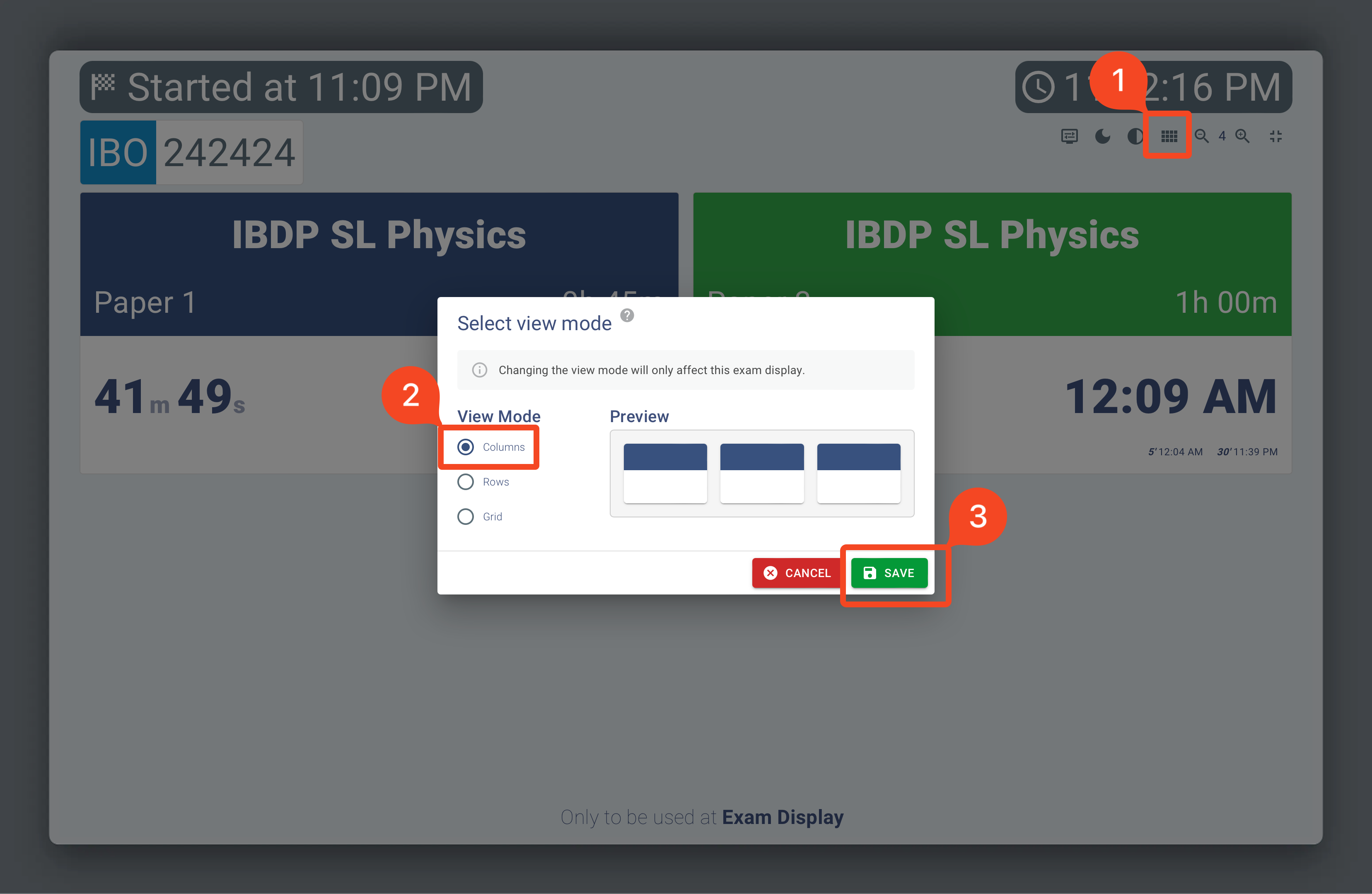 Column view on Exam Display