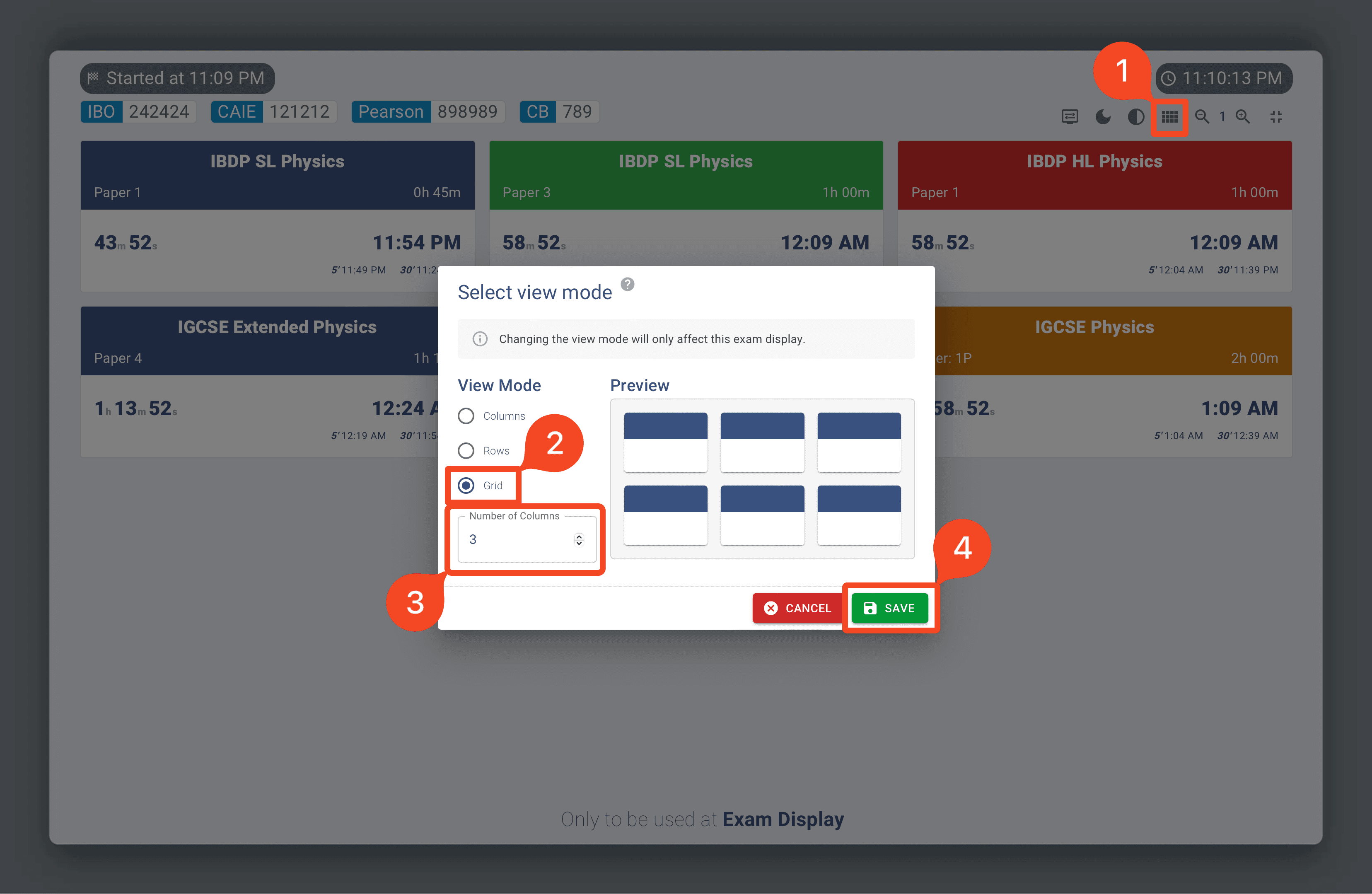 Grid view on Exam Display